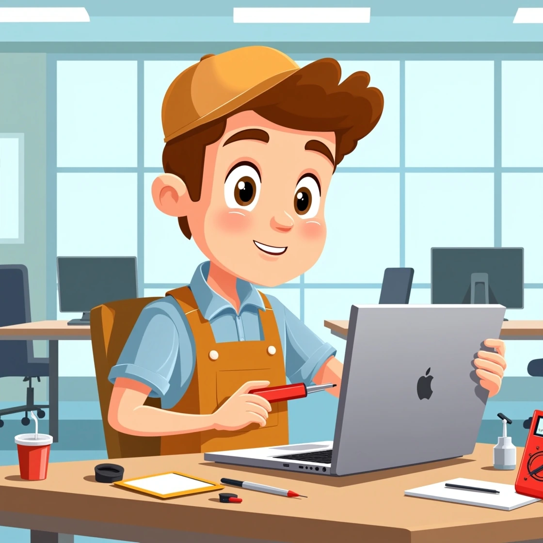 Cartoon technician repairing a MacBook with a red screwdriver in an office setting