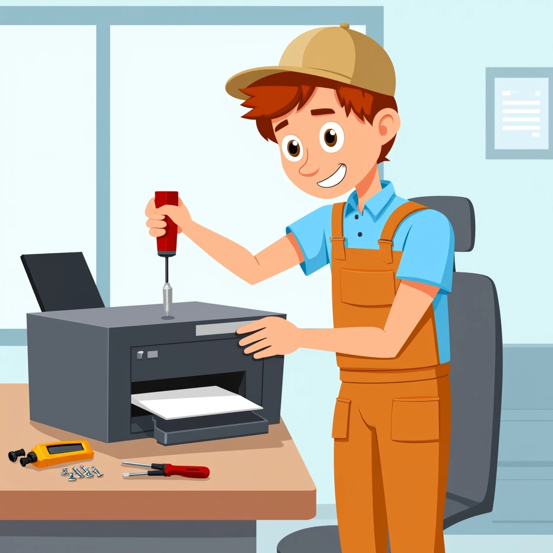 Cartoon technician repairing a black office printer with tools on the desk