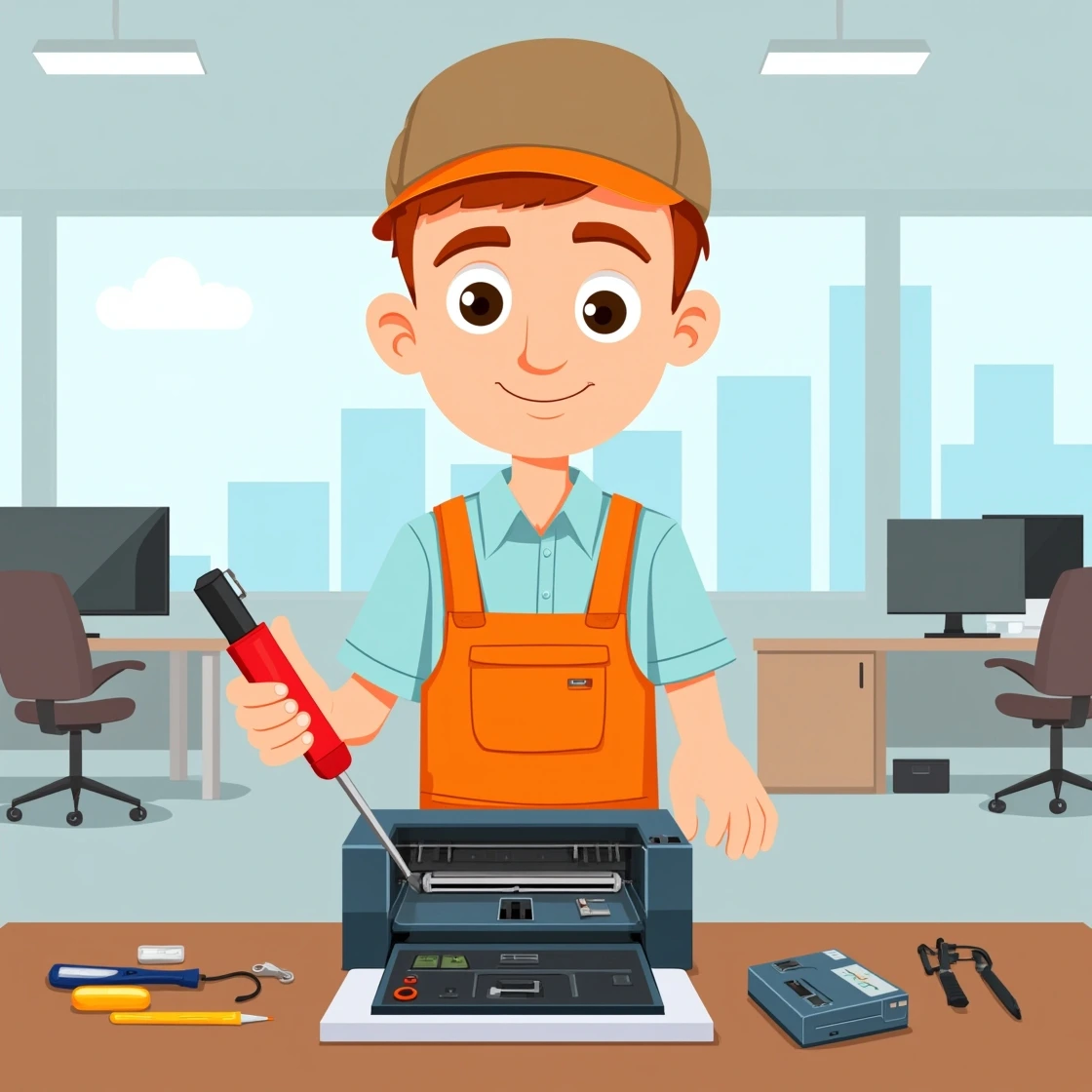 Cartoon boy repairing a black printer using tools in a professional workspace.