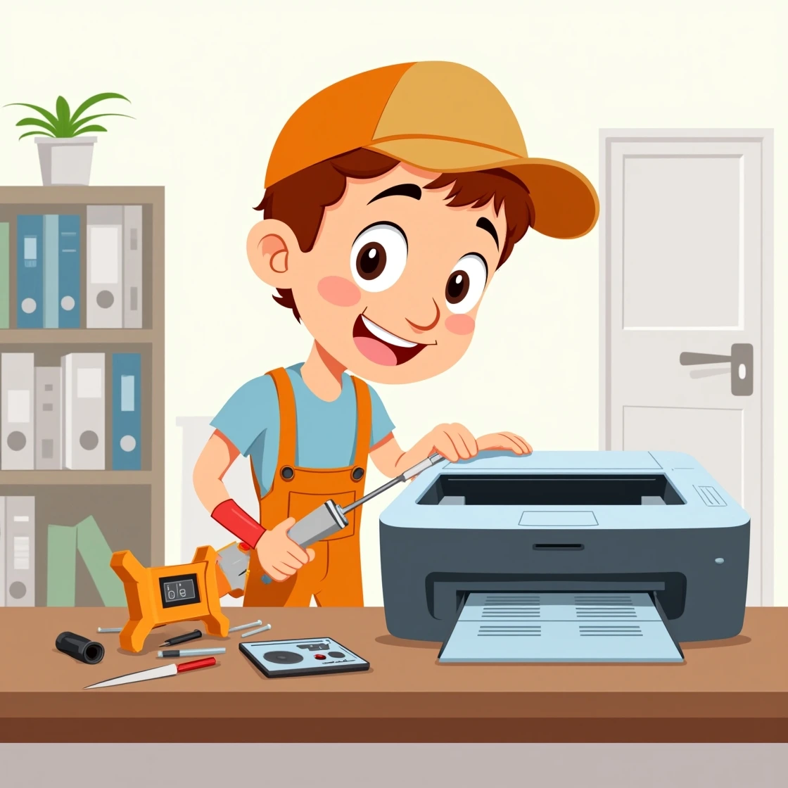 Cartoon male technician smiling while repairing a blue printer in office
