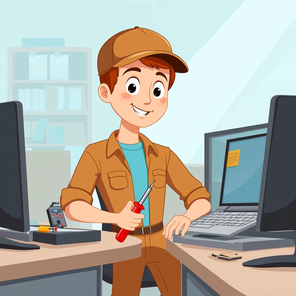 Cartoon technician repairing a laptop with tools in an office setting.