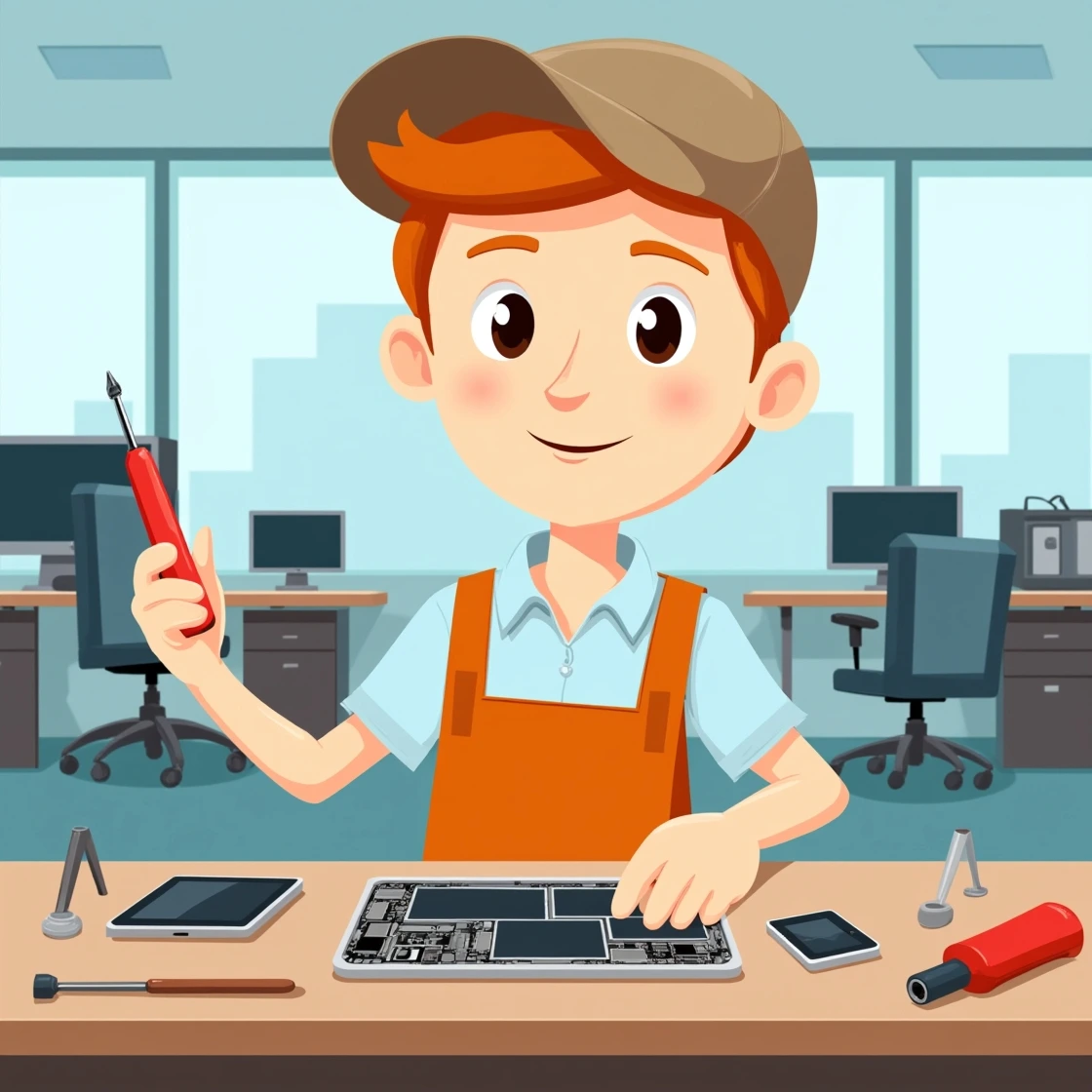 Cartoon technician holding a screwdriver while repairing a mobile phone on a desk in an office.