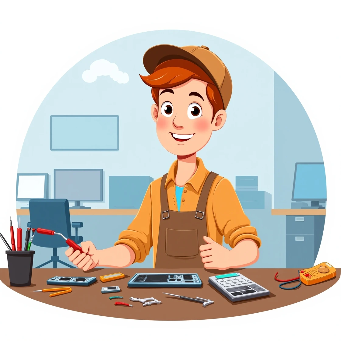 Cartoon of a smiling technician repairing a mobile phone on a desk with tools.
