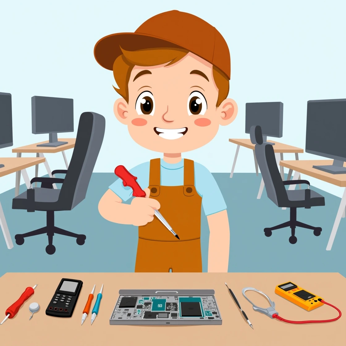 Smiling cartoon technician repairing a mobile phone with tools spread on a desk.