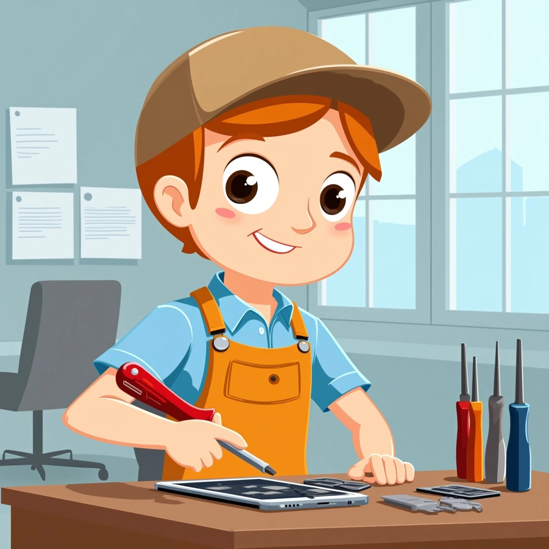 Cartoon technician repairing a smartphone on a desk with tools