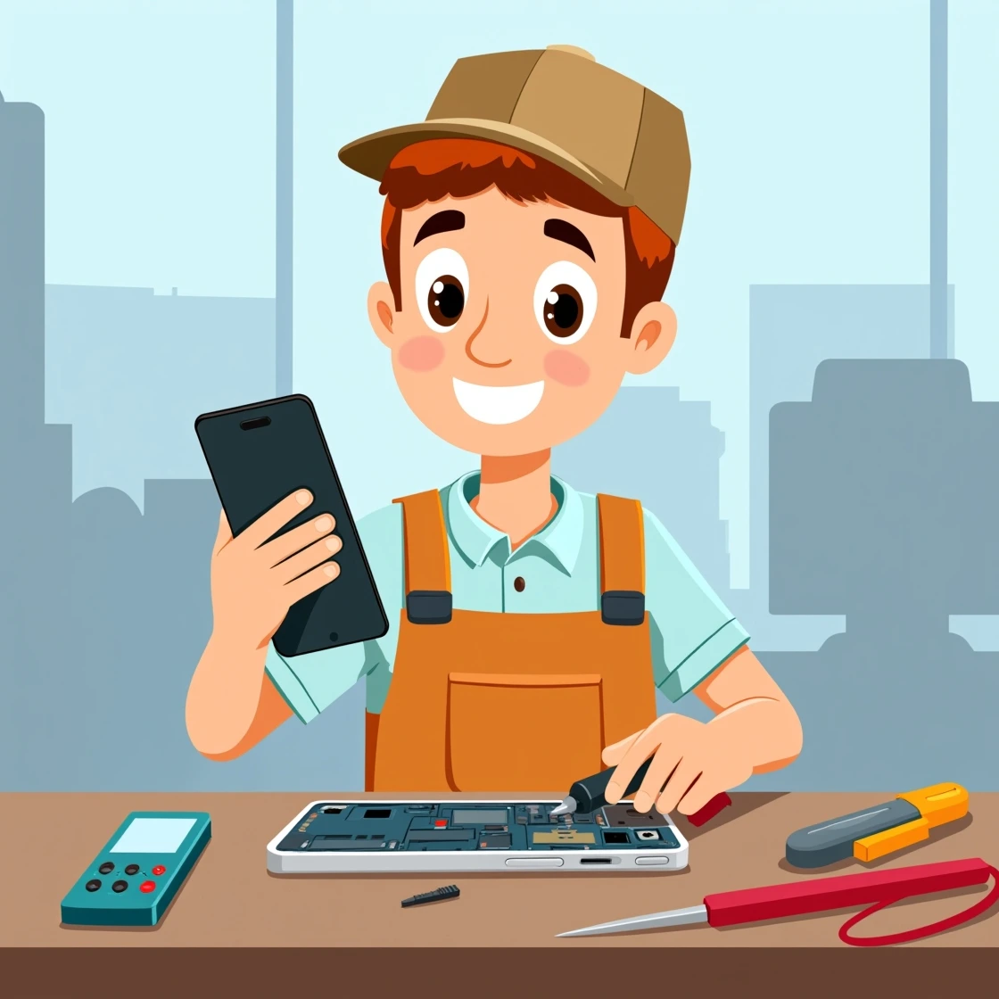 Cartoon boy repairing a smartphone on desk with circuit tools