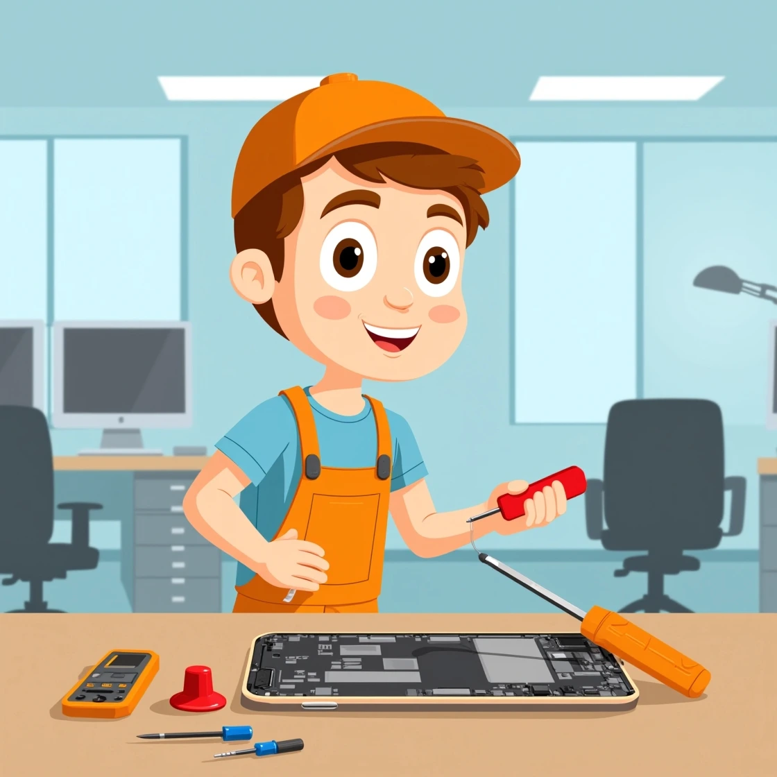 Cartoon technician with orange cap repairing a smartphone on a desk with tools in office.