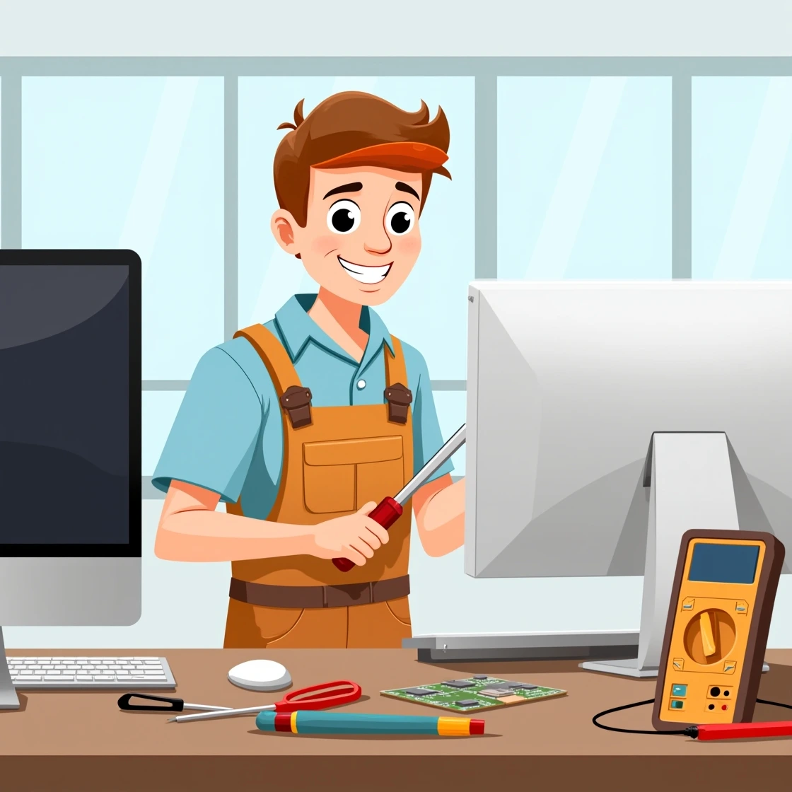 Cartoon technician repairing an iMac with a red screwdriver on a desk with tools.