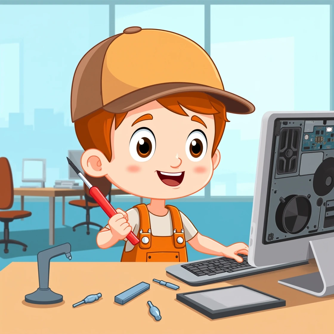 Cartoon boy repairing an iMac motherboard using tools in a modern office.