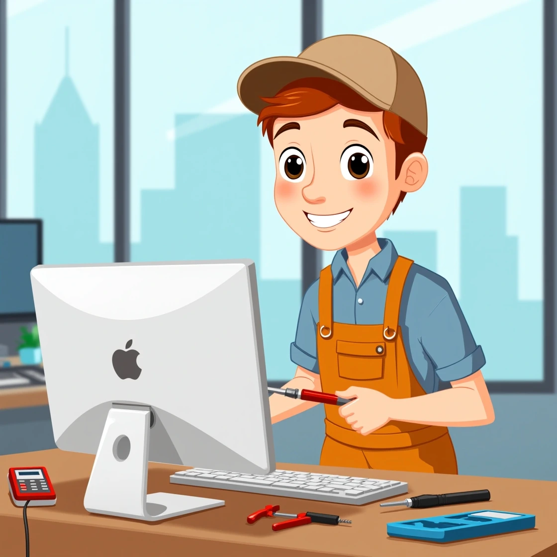 Cartoon technician repairing an iMac with tools on desk in office setting.