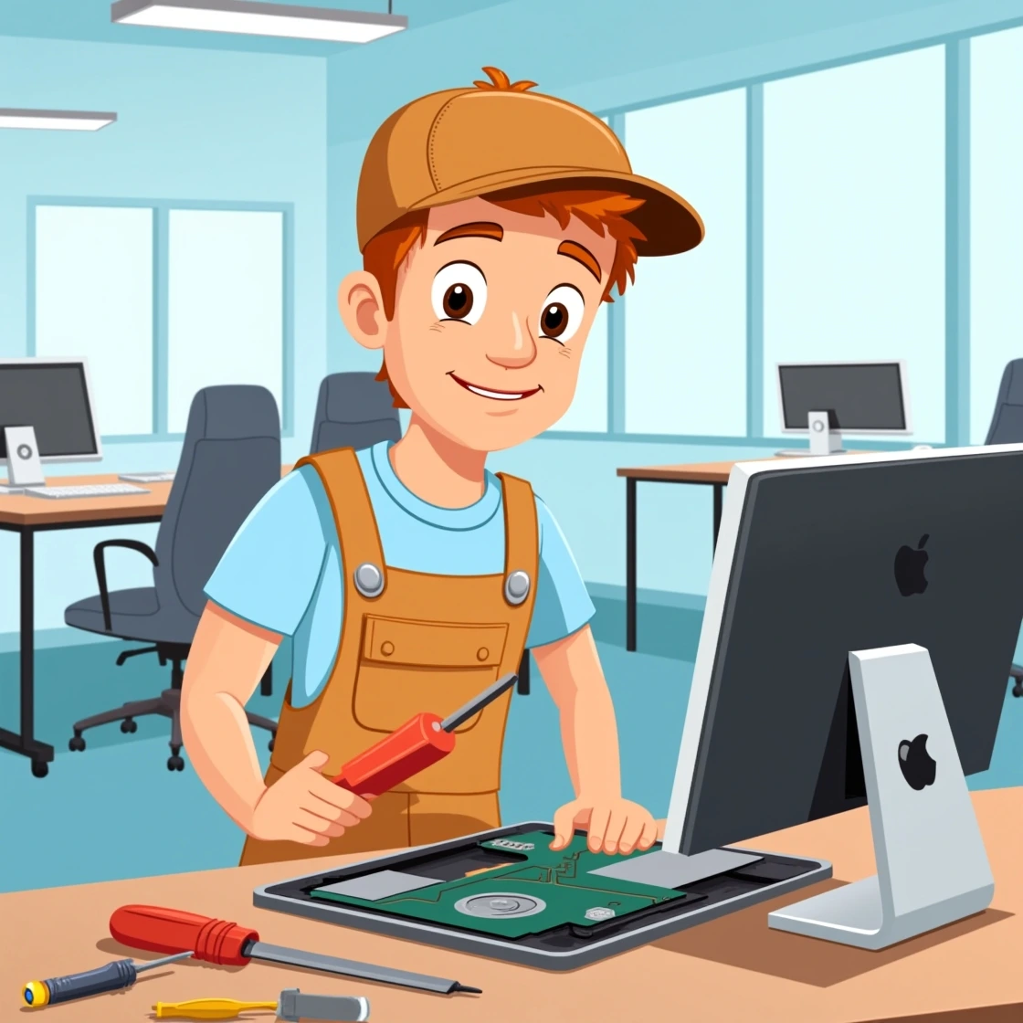 Young cartoon technician repairing an iMac in a modern office environment.