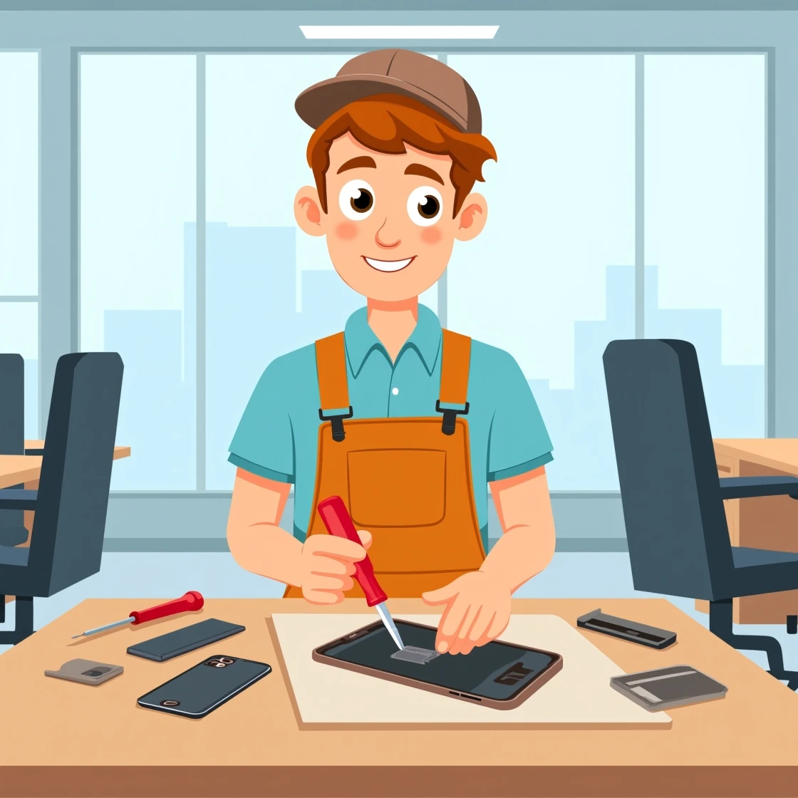 Cartoon technician repairing an iPhone with a screwdriver on an office desk.