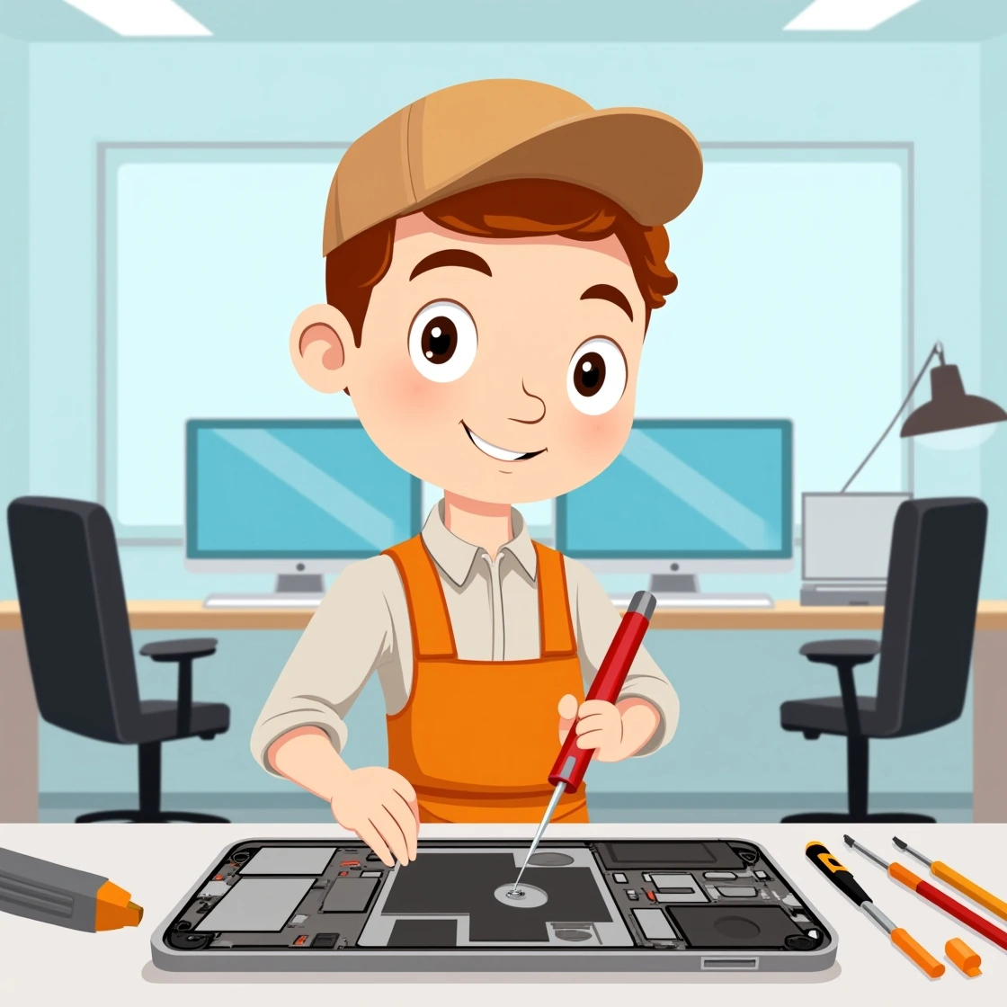 Cartoon technician repairing an iPhone motherboard with a screwdriver in an office.
