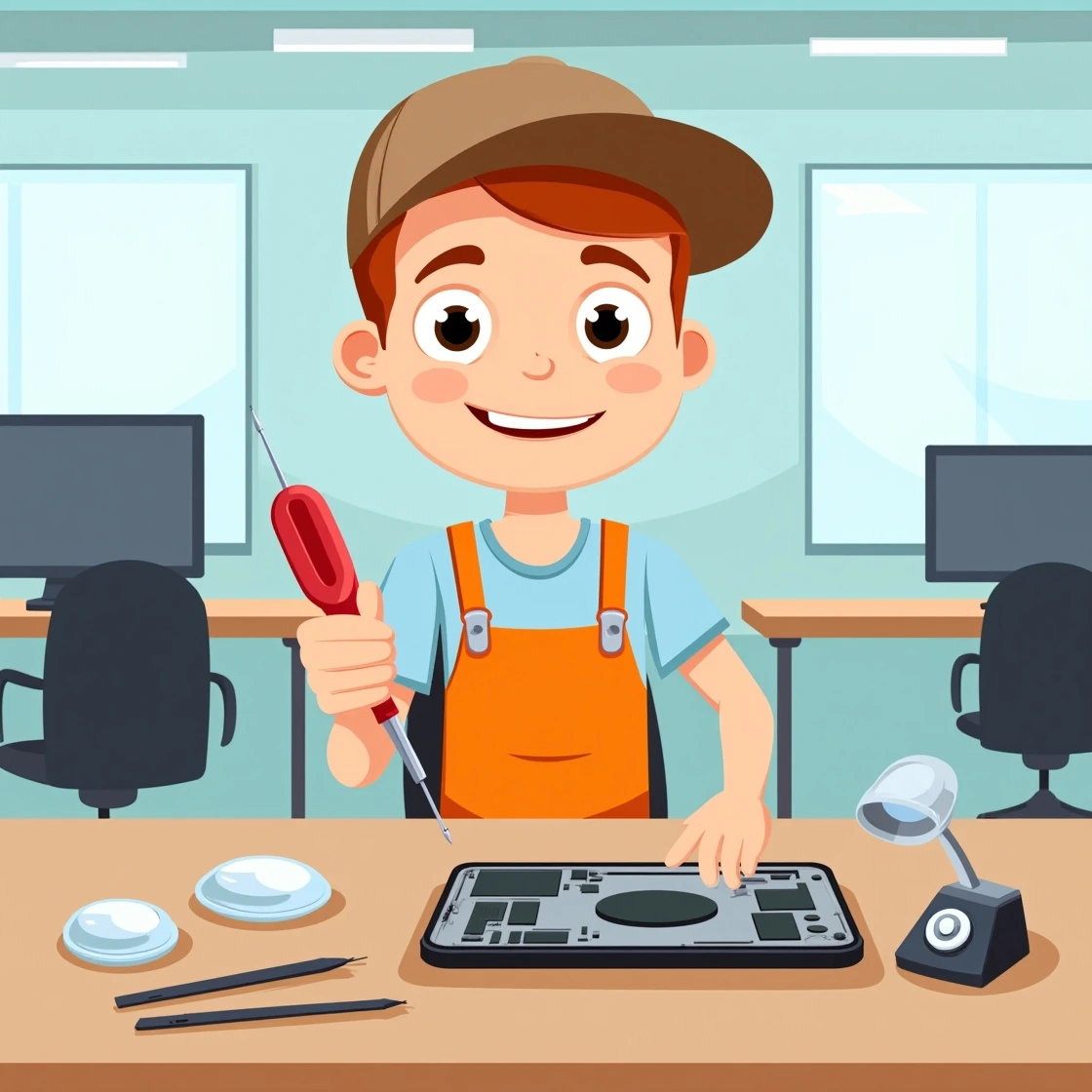Cartoon technician holding screwdriver while repairing an iPhone motherboard on a desk.