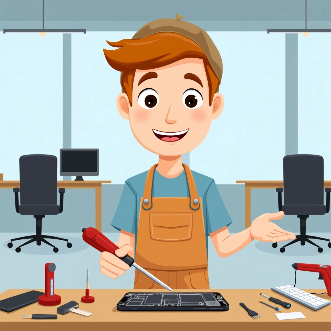 Cartoon technician smiling while repairing an iPhone on a desk in an office with tools.
