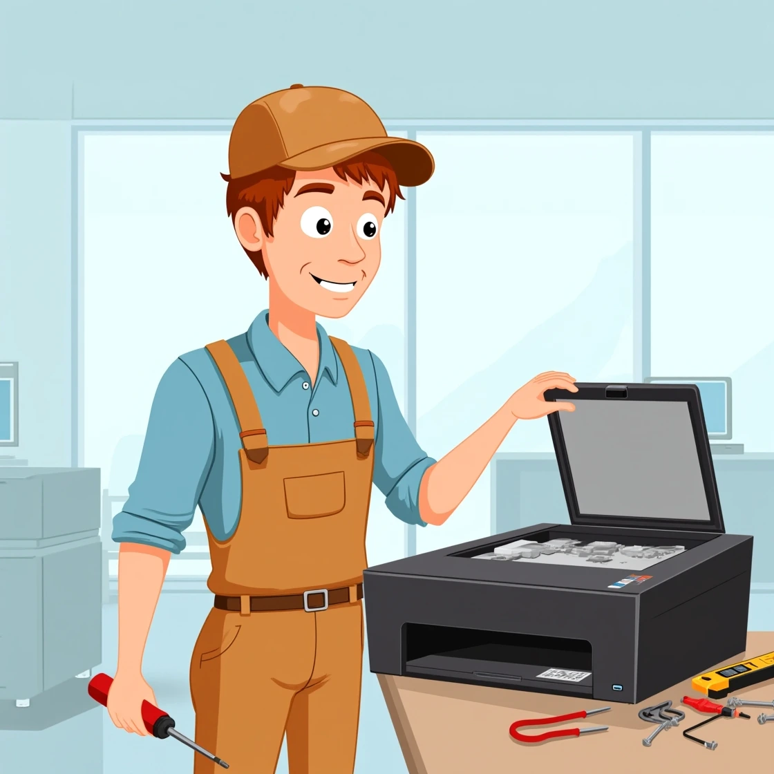 Cartoon technician repairing an office printer with screwdriver in hand