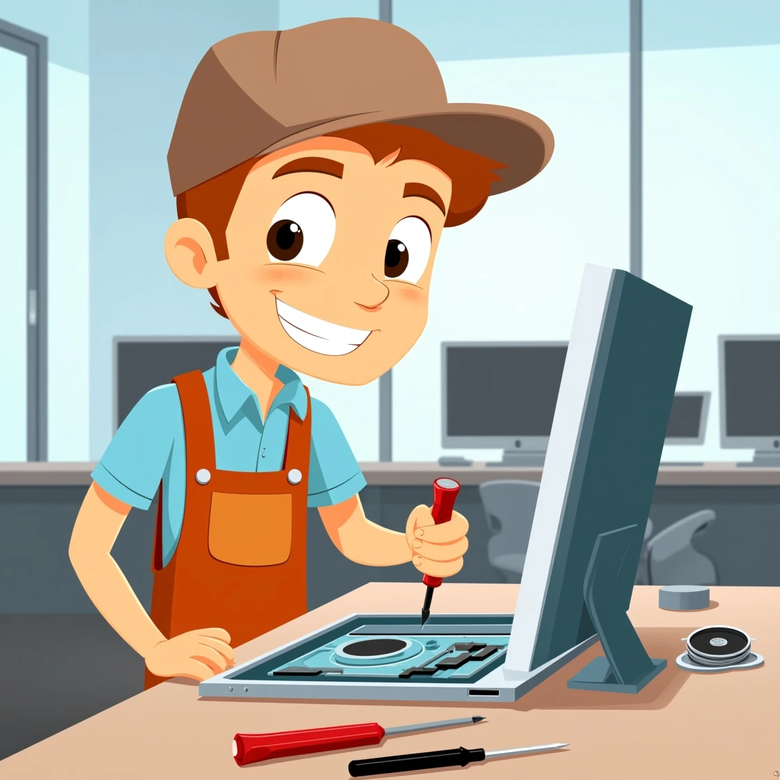 Cartoon boy repairing iMac with precision tools in a tech office setup.