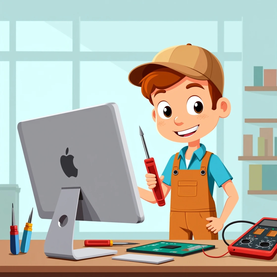 Cartoon technician repairing iMac with tools on desk
