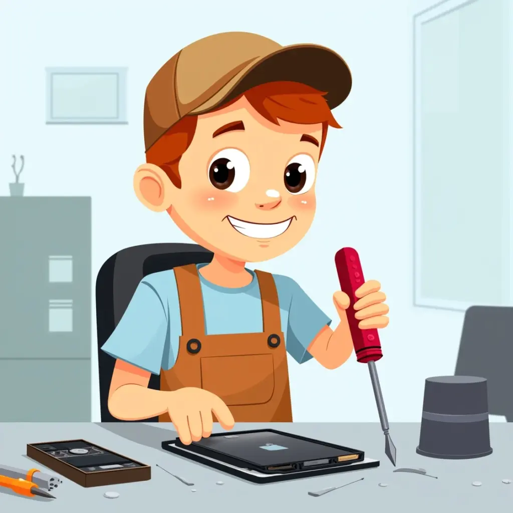 Cartoon technician repairing iPhone with screwdriver on a desk