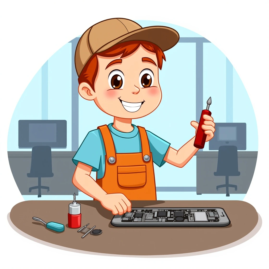 Cartoon technician repairing iPhone motherboard on desk