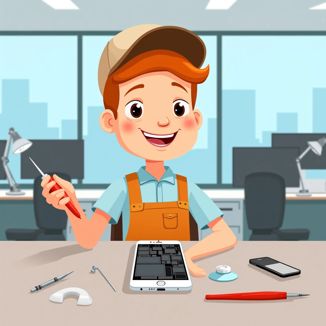 Cartoon boy repairing iPhone with tools on desk in a city-view office.
