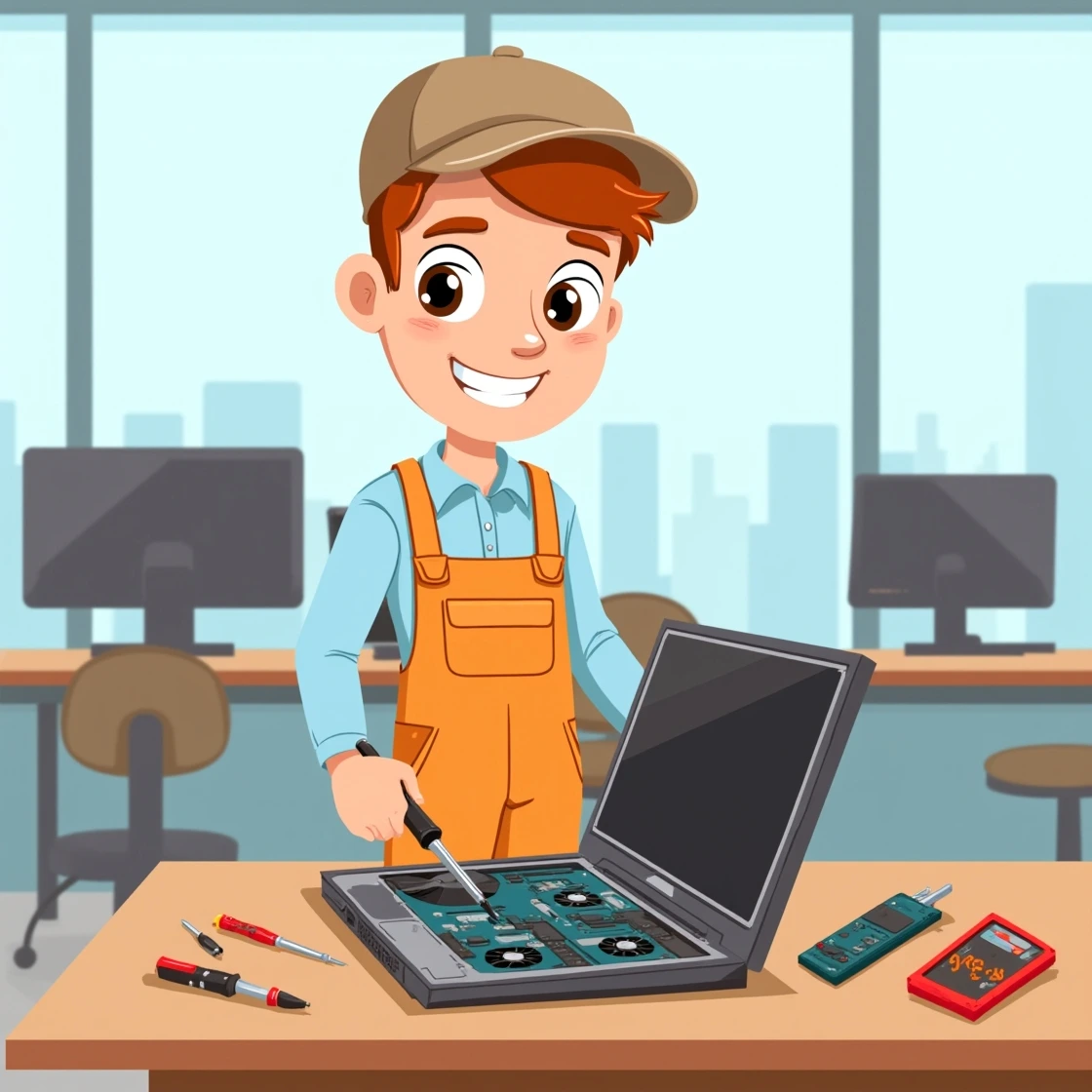 Cartoon engineer repairing laptop internals with diagnostic tools on a desk.