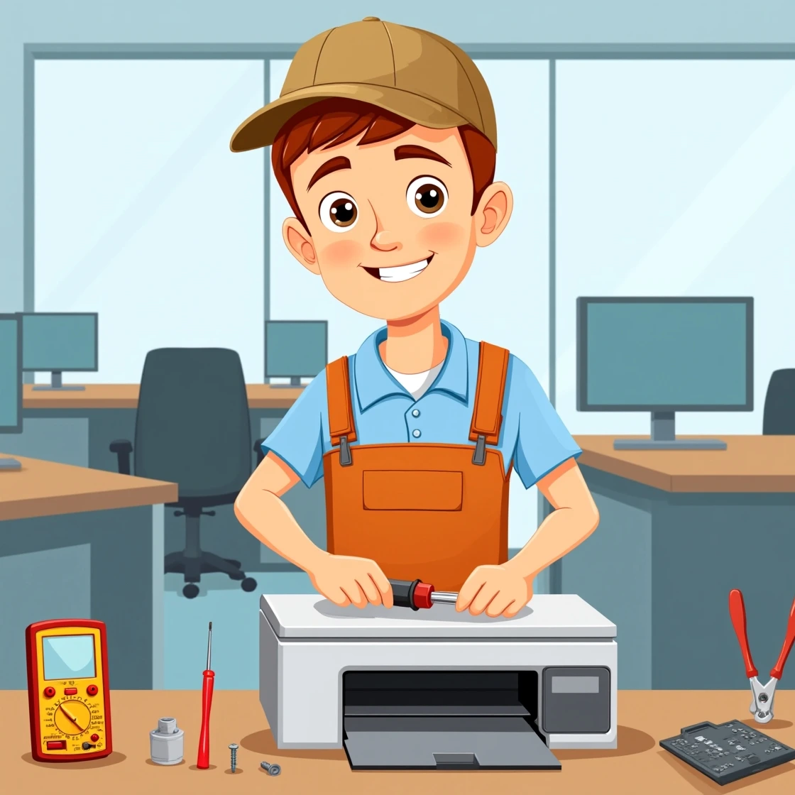 Smiling cartoon repairman fixing white printer in office.