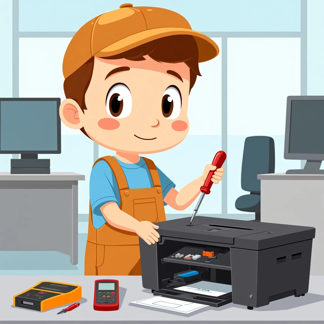 Cartoon boy technician servicing a printer with tools in a tech workspace.