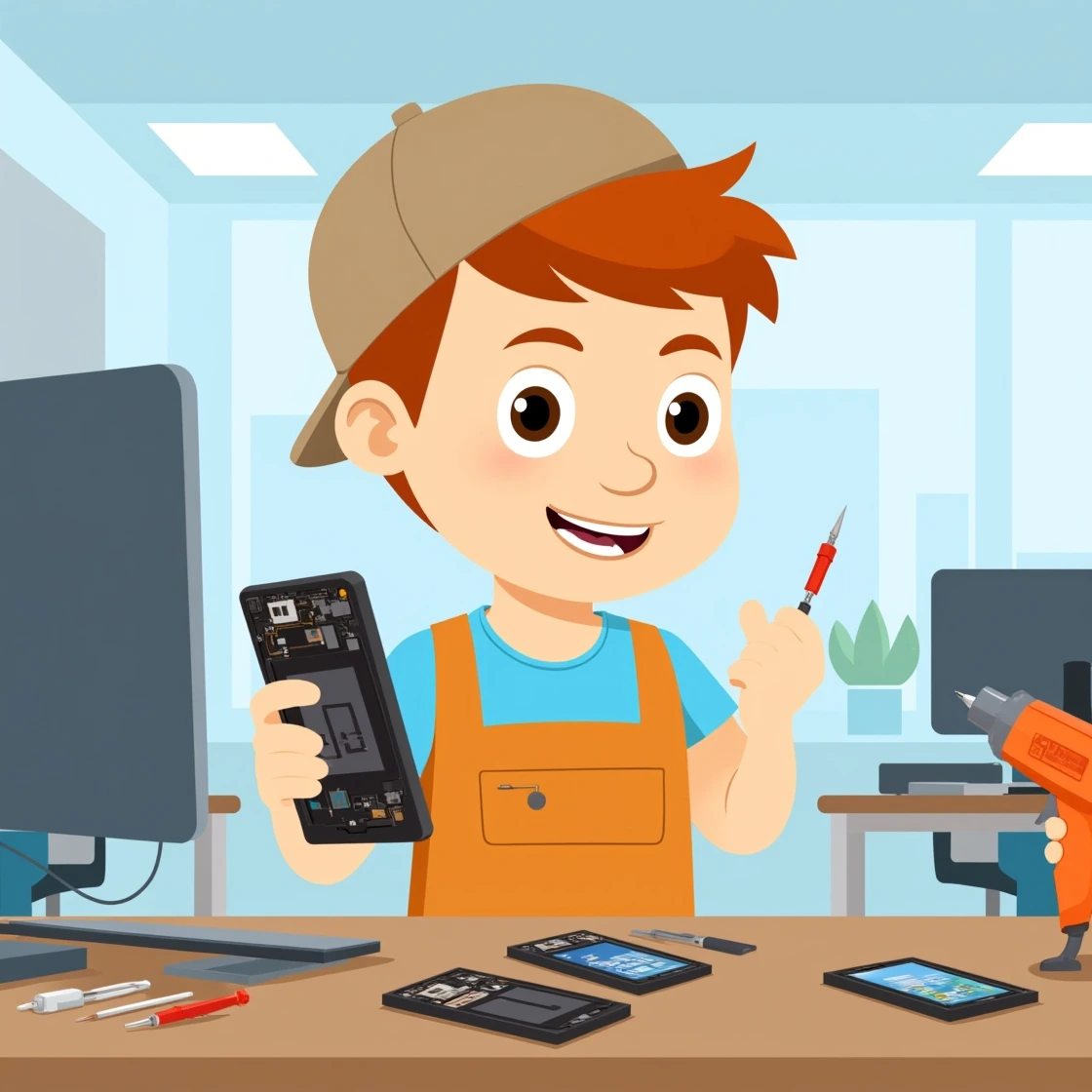 Cartoon technician demonstrating smartphone repair with tools and multiple devices on a desk.
