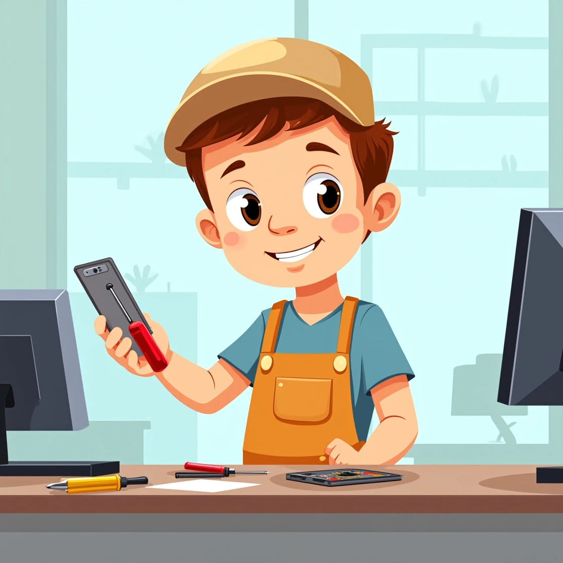 Cartoon technician holding a smartphone and screwdriver in an office