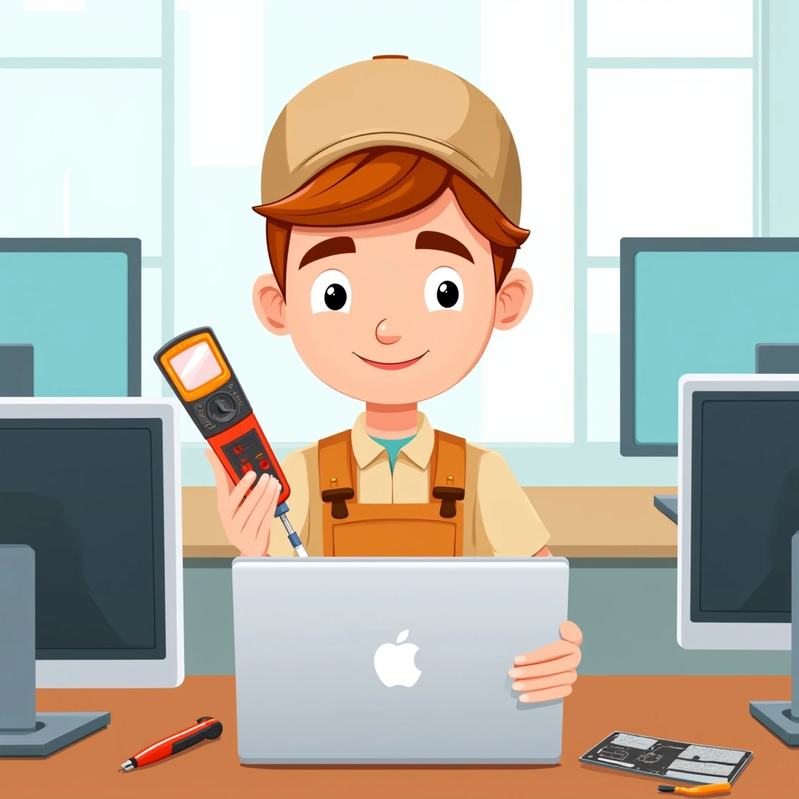 Smiling cartoon technician checking MacBook with voltage tester.