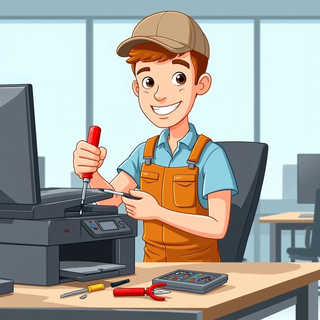 Cartoon technician repairing a printer with red screwdriver in office.