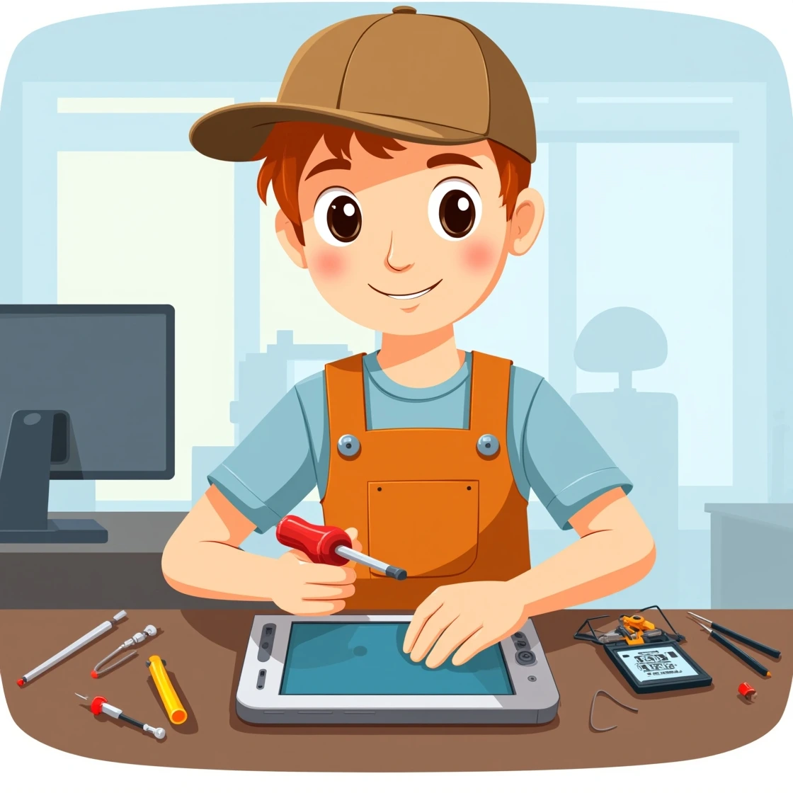 Cartoon mobile technician working on disassembled iPhone